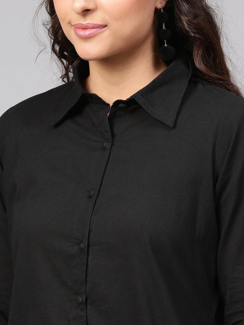 Solid Black High-Low Kurta set with Printed Pants