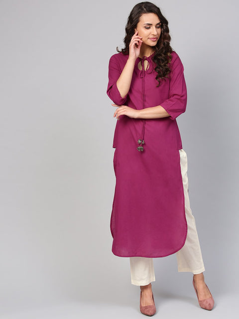 Solid Burgundy Kurta with Keyhole Neck & 3/4 sleeves