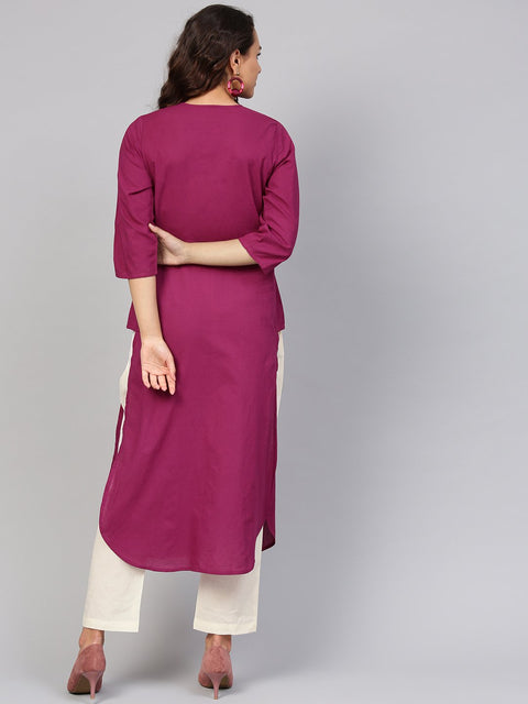 Solid Burgundy Kurta with Keyhole Neck & 3/4 sleeves