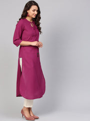 Solid Burgundy Kurta with Keyhole Neck & 3/4 sleeves