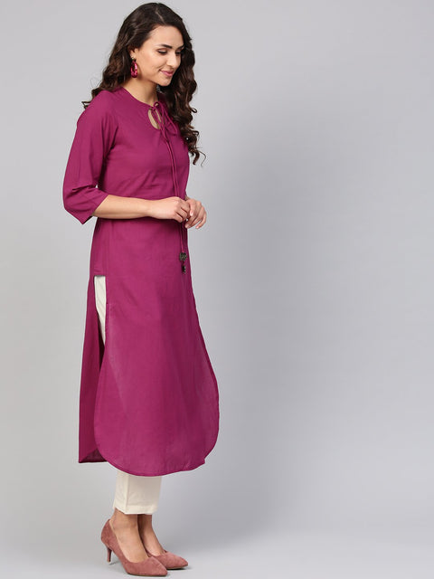Solid Burgundy Kurta with Keyhole Neck & 3/4 sleeves