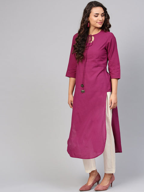 Solid Burgundy Kurta with Keyhole Neck & 3/4 sleeves