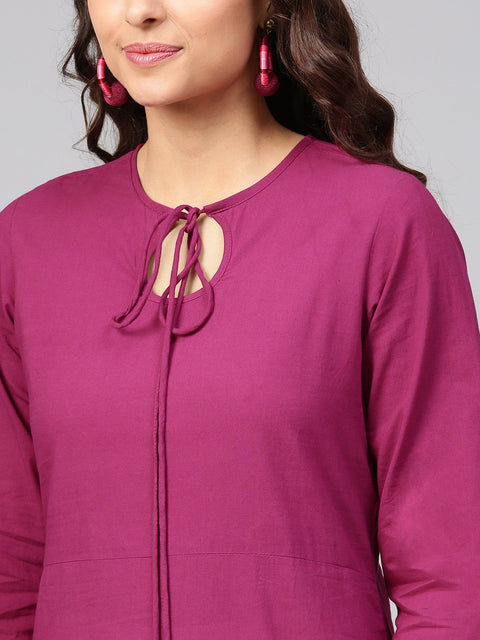 Solid Burgundy Kurta with Keyhole Neck & 3/4 sleeves