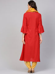 Solid Maroon Kurta with Flared Sleeves & Tie Dye Stole