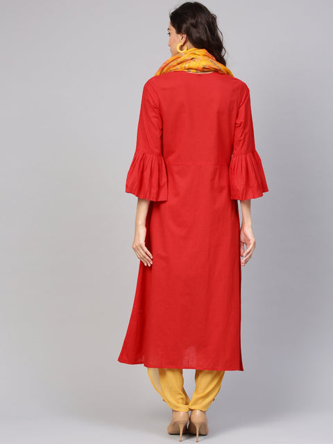 Solid Maroon Kurta with Flared Sleeves & Tie Dye Stole