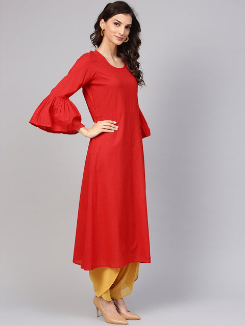 Solid Maroon Kurta with Flared Sleeves & Tie Dye Stole