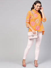 Geometric printed Yellow cotton tunic with side placket & 3/4 sleeves