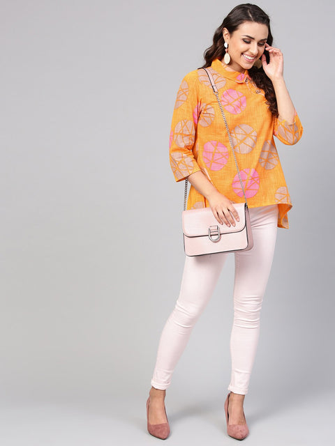 Geometric printed Yellow cotton tunic with side placket & 3/4 sleeves