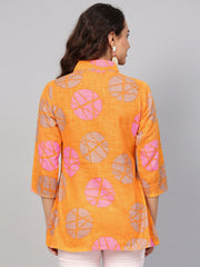 Geometric printed Yellow cotton tunic with side placket & 3/4 sleeves