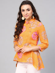 Geometric printed Yellow cotton tunic with side placket & 3/4 sleeves