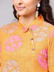Geometric printed Yellow cotton tunic with side placket & 3/4 sleeves