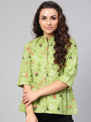 Light Green Tribal Print tunic with Mandarin collar & 3/4 sleeves