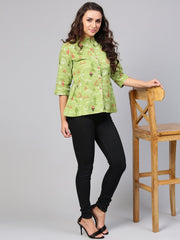 Light Green Tribal Print tunic with Mandarin collar & 3/4 sleeves
