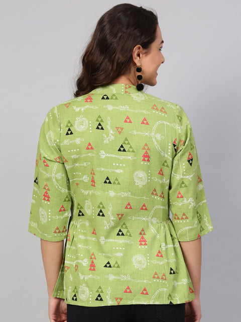 Light Green Tribal Print tunic with Mandarin collar & 3/4 sleeves