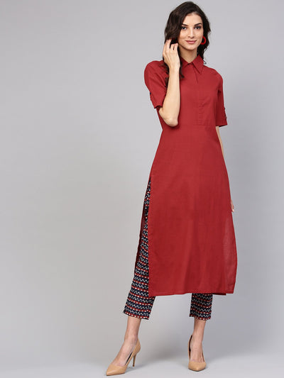 Solid maroon shirt collared kurta with indigo geometric printed pants