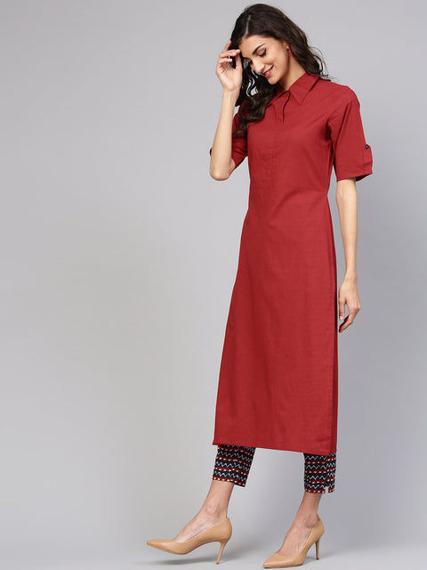 Solid maroon shirt collared kurta with indigo geometric printed pants