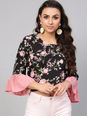 Solid black based multi floral prints with a round neck and flared sleeves