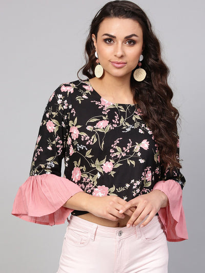 Solid black based multi floral prints with a round neck and flared sleeves