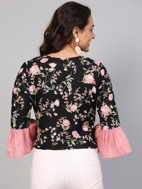 Solid black based multi floral prints with a round neck and flared sleeves