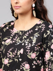 Solid black based multi floral prints with a round neck and flared sleeves