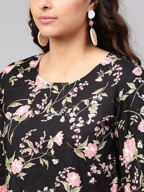 Solid black based multi floral prints with a round neck and flared sleeves