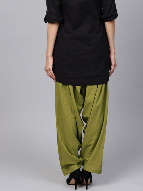 Solid olive green pleated patiala salwar with drawstring detailing