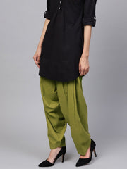 Solid olive green pleated patiala salwar with drawstring detailing