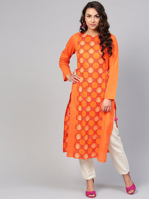 Orange Printed Panelled Kurta with Waist  Doris & full Sleeves