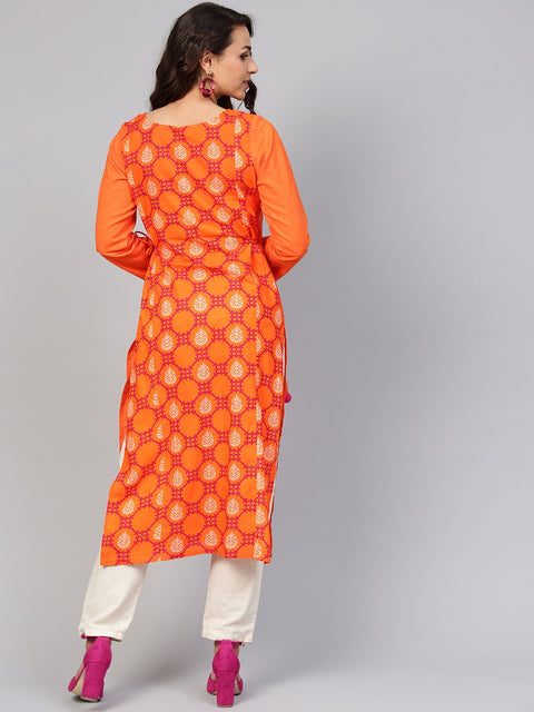 Orange Printed Panelled Kurta with Waist  Doris & full Sleeves