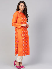 Orange Printed Panelled Kurta with Waist  Doris & full Sleeves