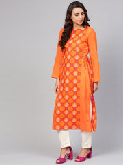 Orange Printed Panelled Kurta with Waist  Doris & full Sleeves
