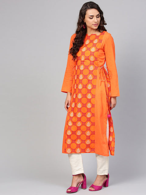 Orange Printed Panelled Kurta with Waist  Doris & full Sleeves