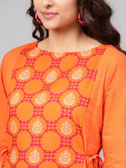 Orange Printed Panelled Kurta with Waist  Doris & full Sleeves