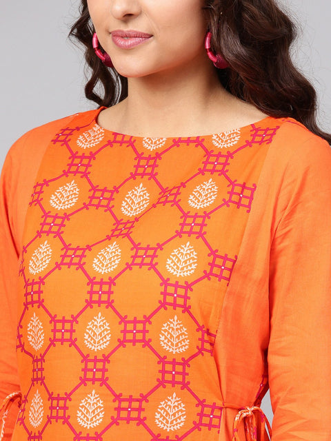 Orange Printed Panelled Kurta with Waist  Doris & full Sleeves