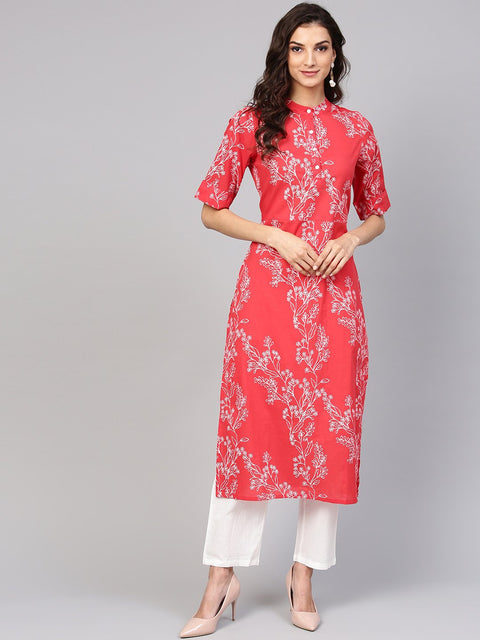 Red Printed half sleeve Kurta Set with White Solid Pants