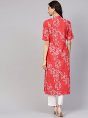Red Printed half sleeve Kurta Set with White Solid Pants