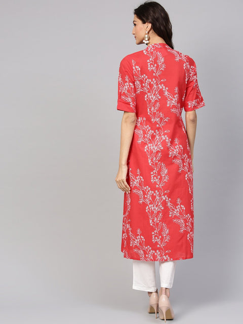 Red Printed half sleeve Kurta Set with White Solid Pants