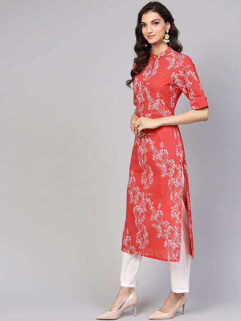 Red Printed half sleeve Kurta Set with White Solid Pants