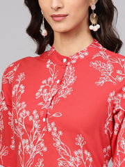 Red Printed half sleeve Kurta Set with White Solid Pants