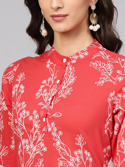 Red Printed half sleeve Kurta Set with White Solid Pants