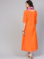Solid A-line Orange Kurta with Megenta Stole