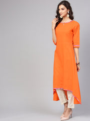 Solid A-line Orange Kurta with Megenta Stole