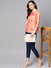 Red & Beige Top with keyhole neckline & 3/4 sleeves