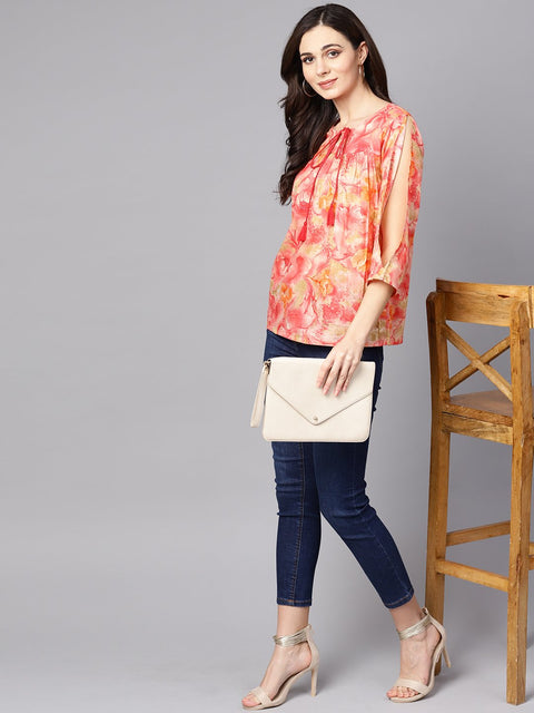 Red & Beige Top with keyhole neckline & 3/4 sleeves