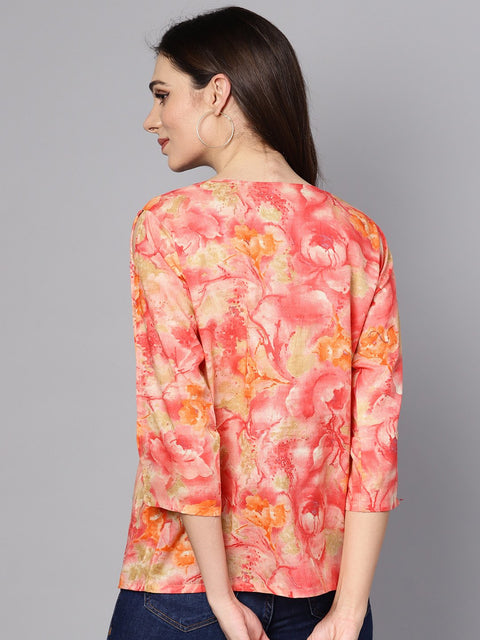 Red & Beige Top with keyhole neckline & 3/4 sleeves