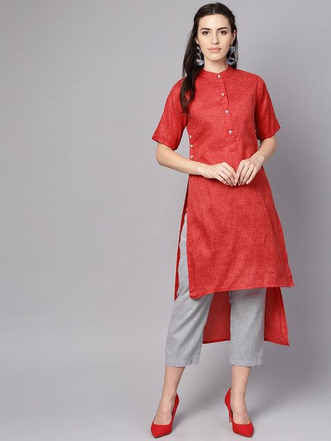 Red High-Low short sleeve Kurta set with solid grey Pants