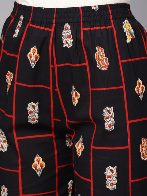 Yellow 3/4th sleeve cotton kurta with navy blue ankle length palazzo