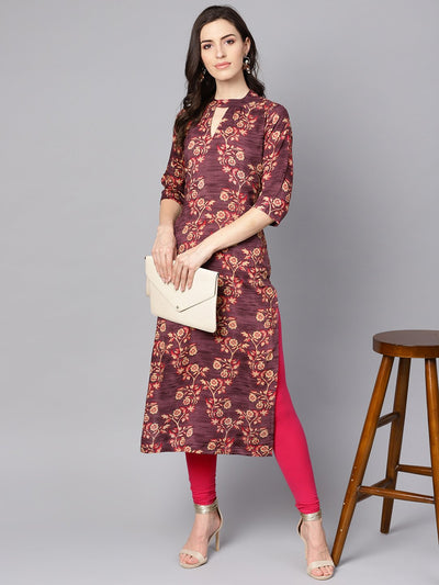 Purple & beige Floral printed Straight kurta with 3/4 sleeves