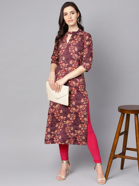 Purple & beige Floral printed Straight kurta with 3/4 sleeves