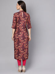 Purple & beige Floral printed Straight kurta with 3/4 sleeves